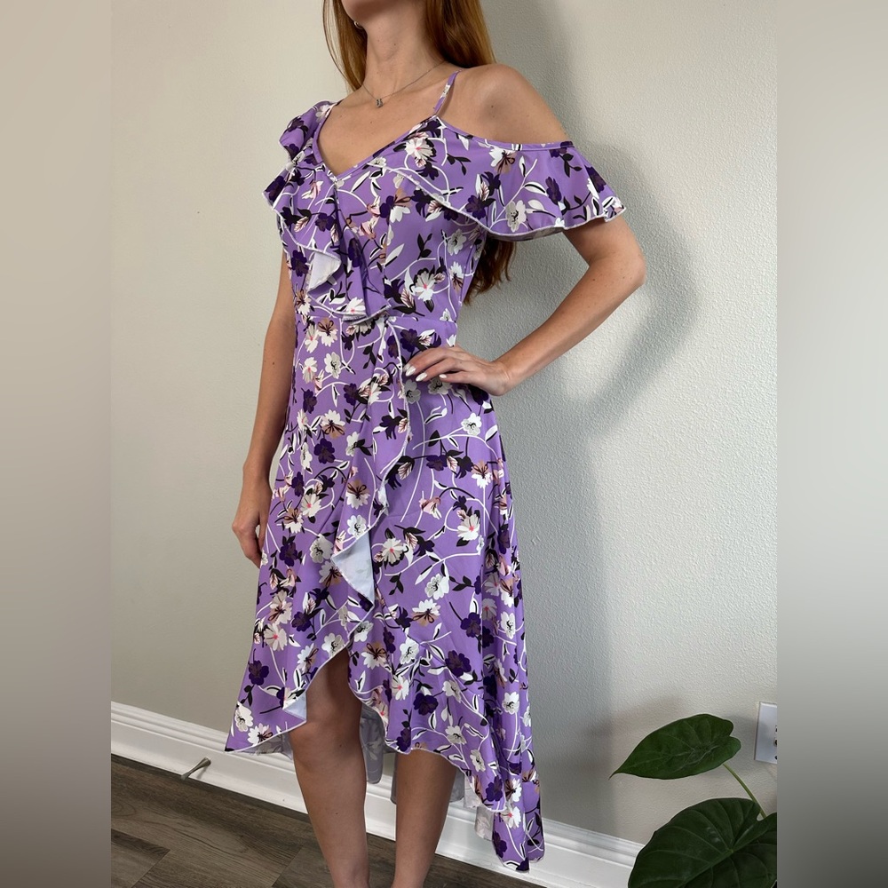 Purple flower printed maxi dress asymmetrical